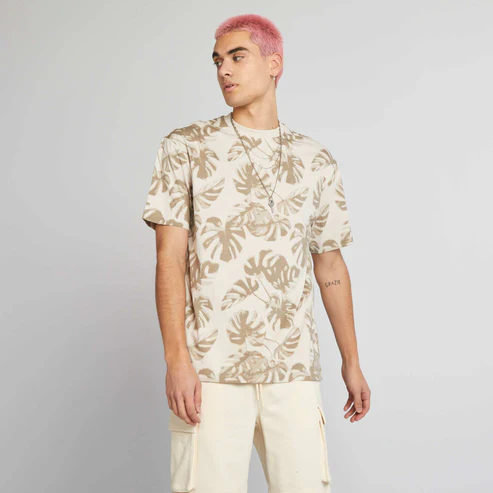 Round neck t-shirt with beige print